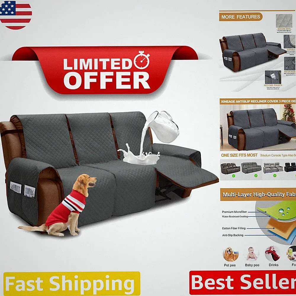3 Seat Recliner Cover Dark Gray Thick Quilted Pet Scratch Resistant Sofa