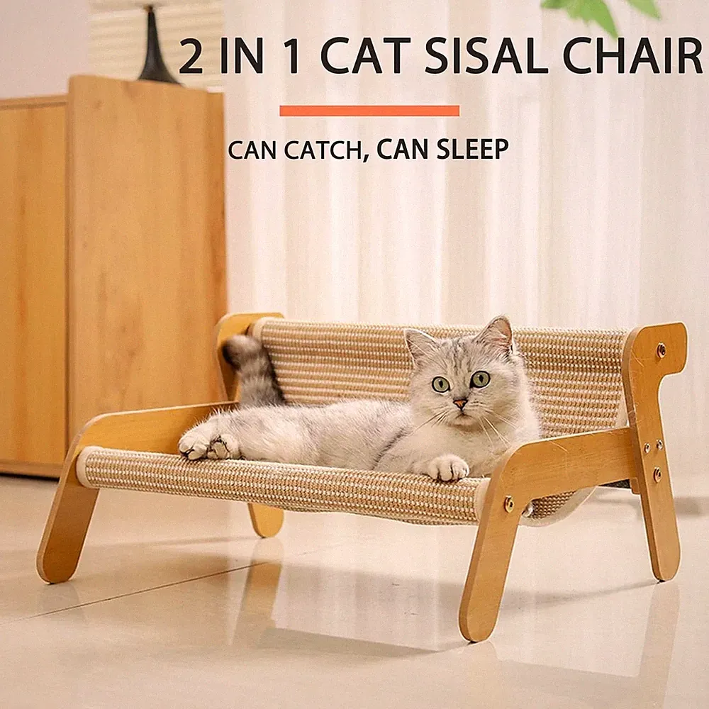 Cat Scratcher Couch 2-in-1 Sisal Cat Chair Scratch Pad Wooden Cat Lounger Bed