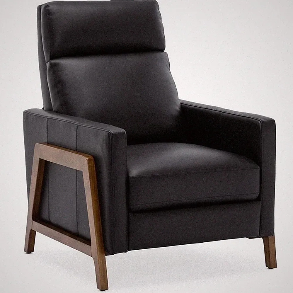 Reed Black Top Grain Leather Exposed Wood Frame Push Back Recliner