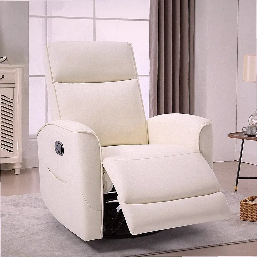 Swivel Rocker Recliner Chair for Small Spaces - White Leather Nursery Glider