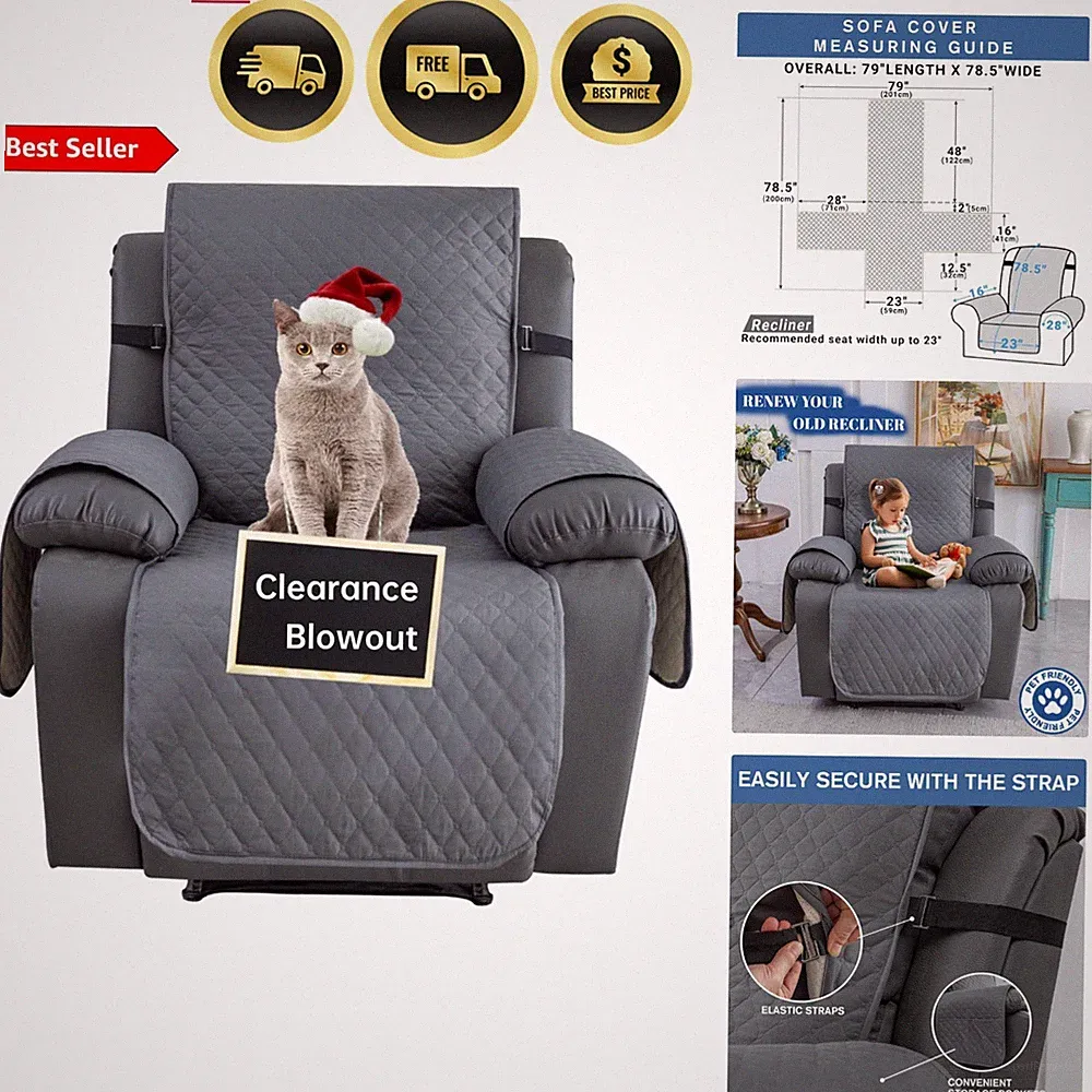 Waterproof Recliner Cover Nonslip Quiltable Microfiber for Pets Kids Dark Gray